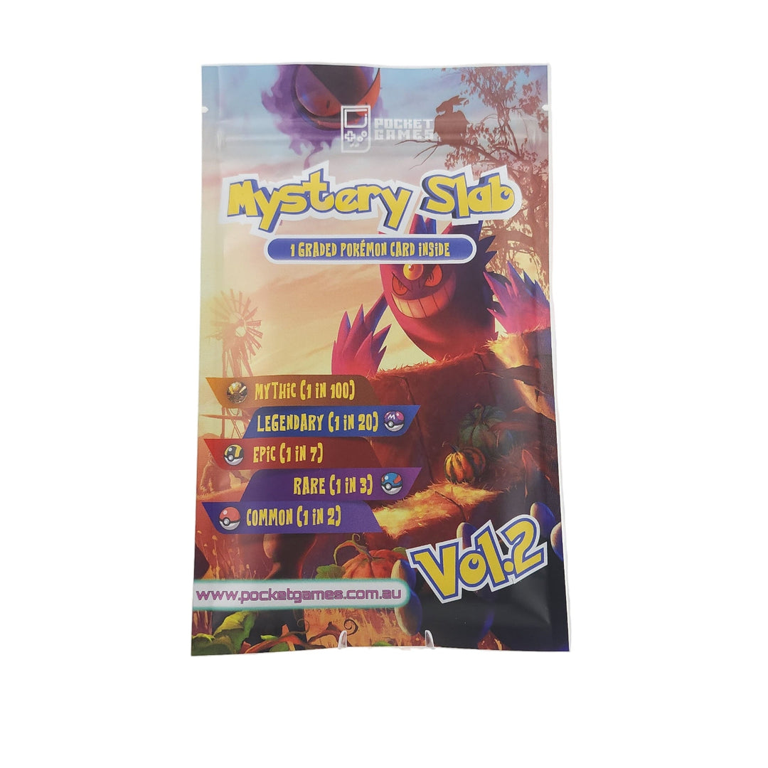 Promotional poster for 'Mystery Slot Vol.2' on a stand against a white background