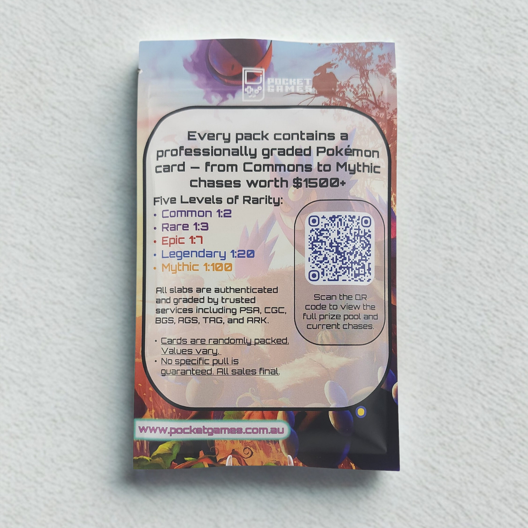 Pokémon trading card game packaging with QR code on a textured white background