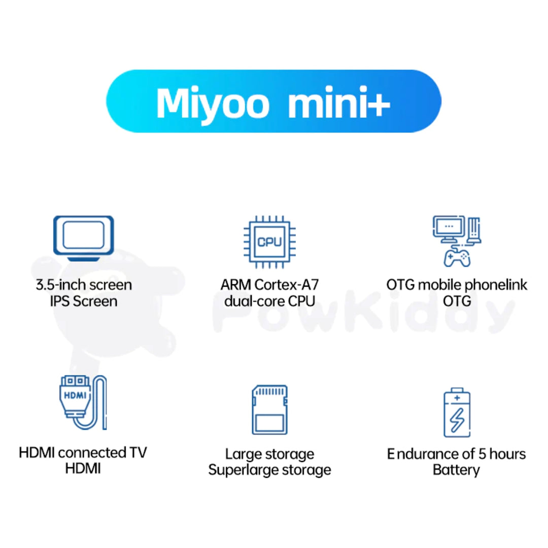 Miyoo Mini V3 plus. 3.5inch ips screen; Cortex-A7 CPU; Mobile phone link; large storage capabilities; 5 hour battery life
