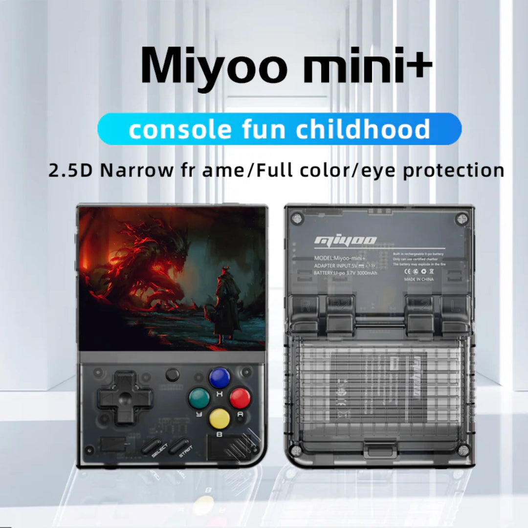 Miyoo Mini V3 plus in transparent black showing its narrow frame