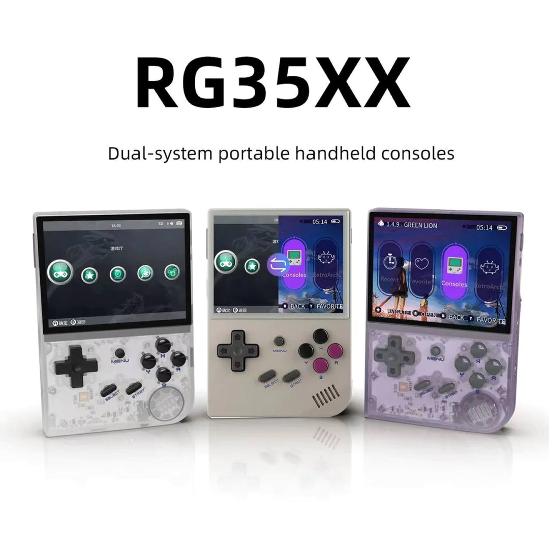 Anbernic RG35XX in its 3 colours; Transparent white, retro grey, transparent purple.