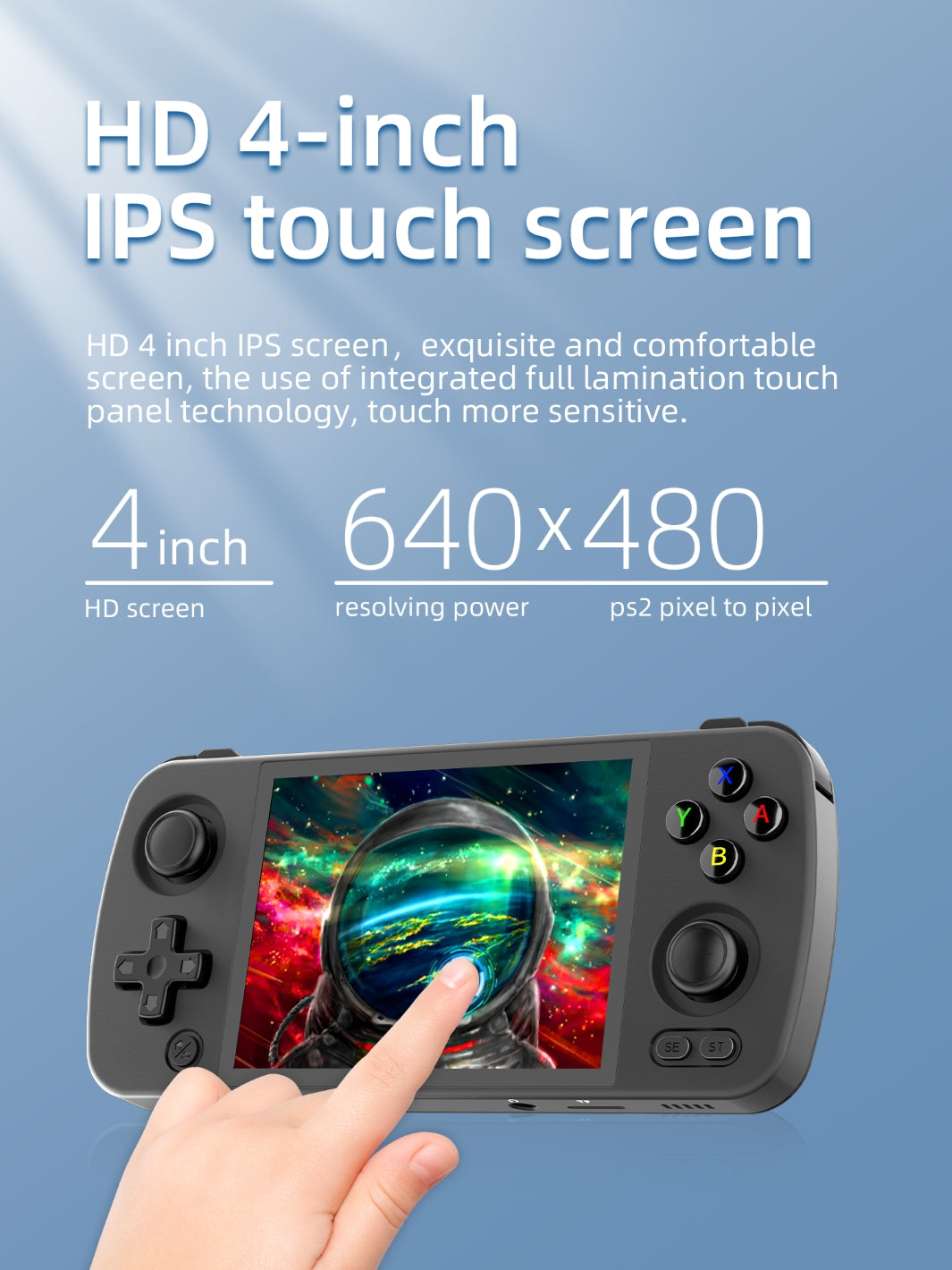 Anbernic RG405M with an amazing HD 4-inch IPS touch screen display with a 640*480 resolution.
