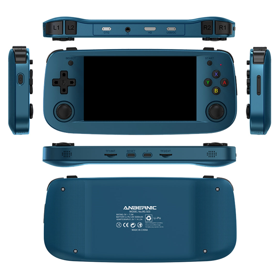 Anbernic RG503 in blue. Front, back, side, top and bottom profile