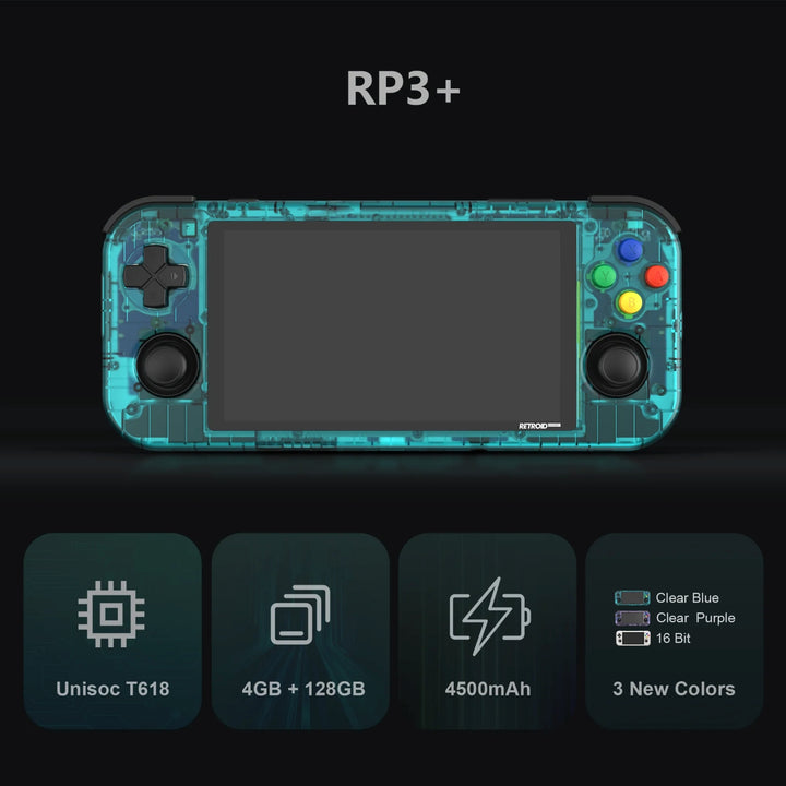 informational image of the Retroid pocket 3 plus of its battery, CPU, storage and colours