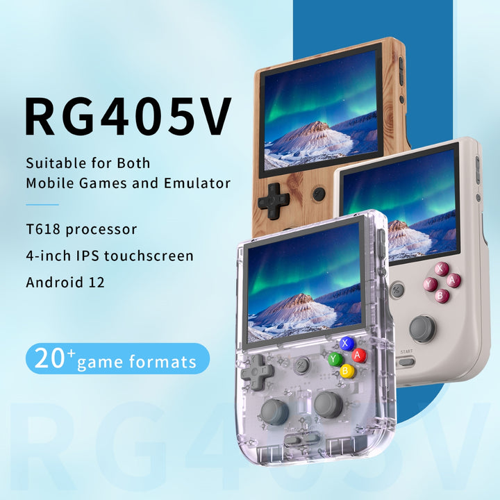 Anbernic RG405V in all 3 colours; clear purple, Grey, Wood with T618 processor, android 12 OS and a 4-inch IPS touch screen.
