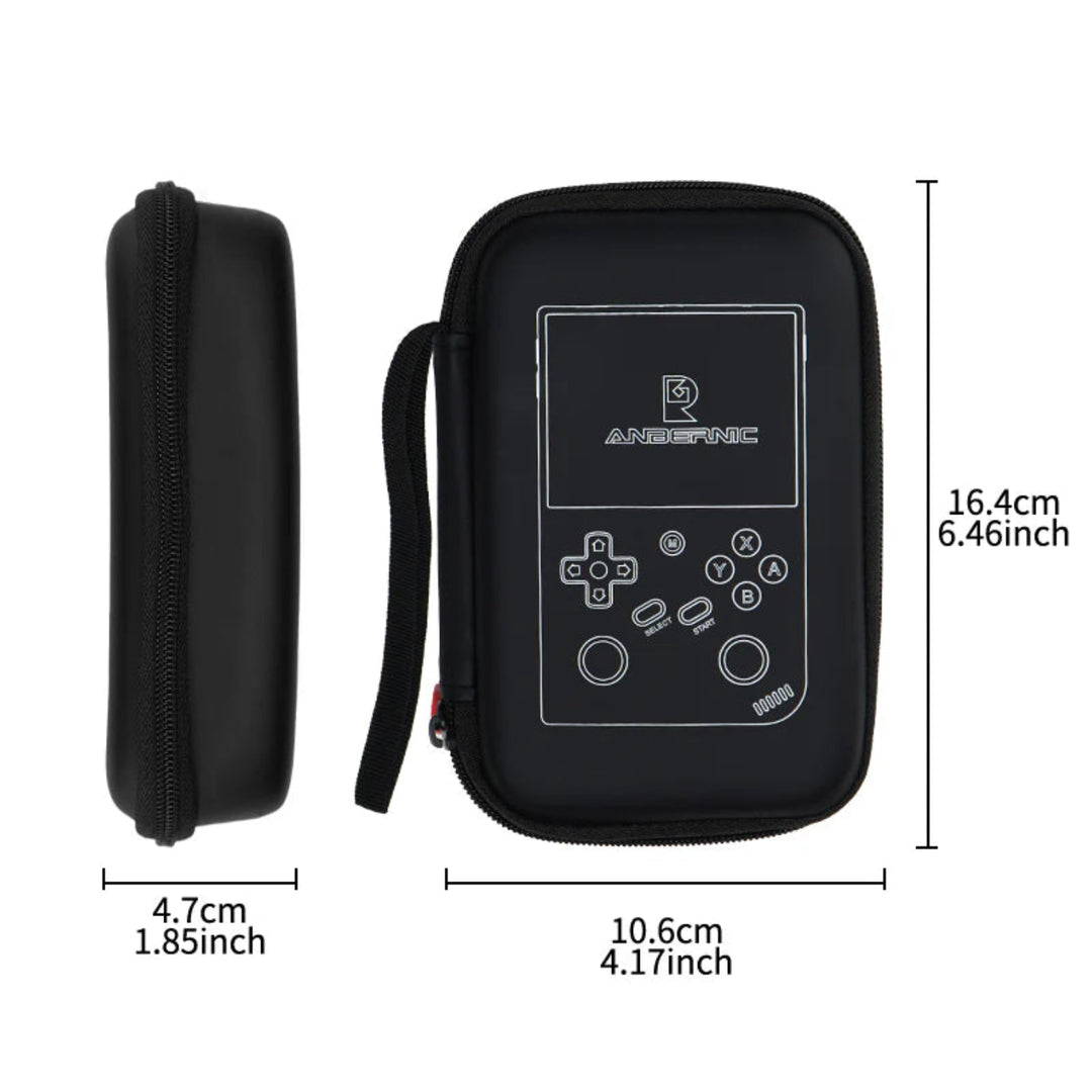 Black carrying case with gaming console design and dimensions on a white background