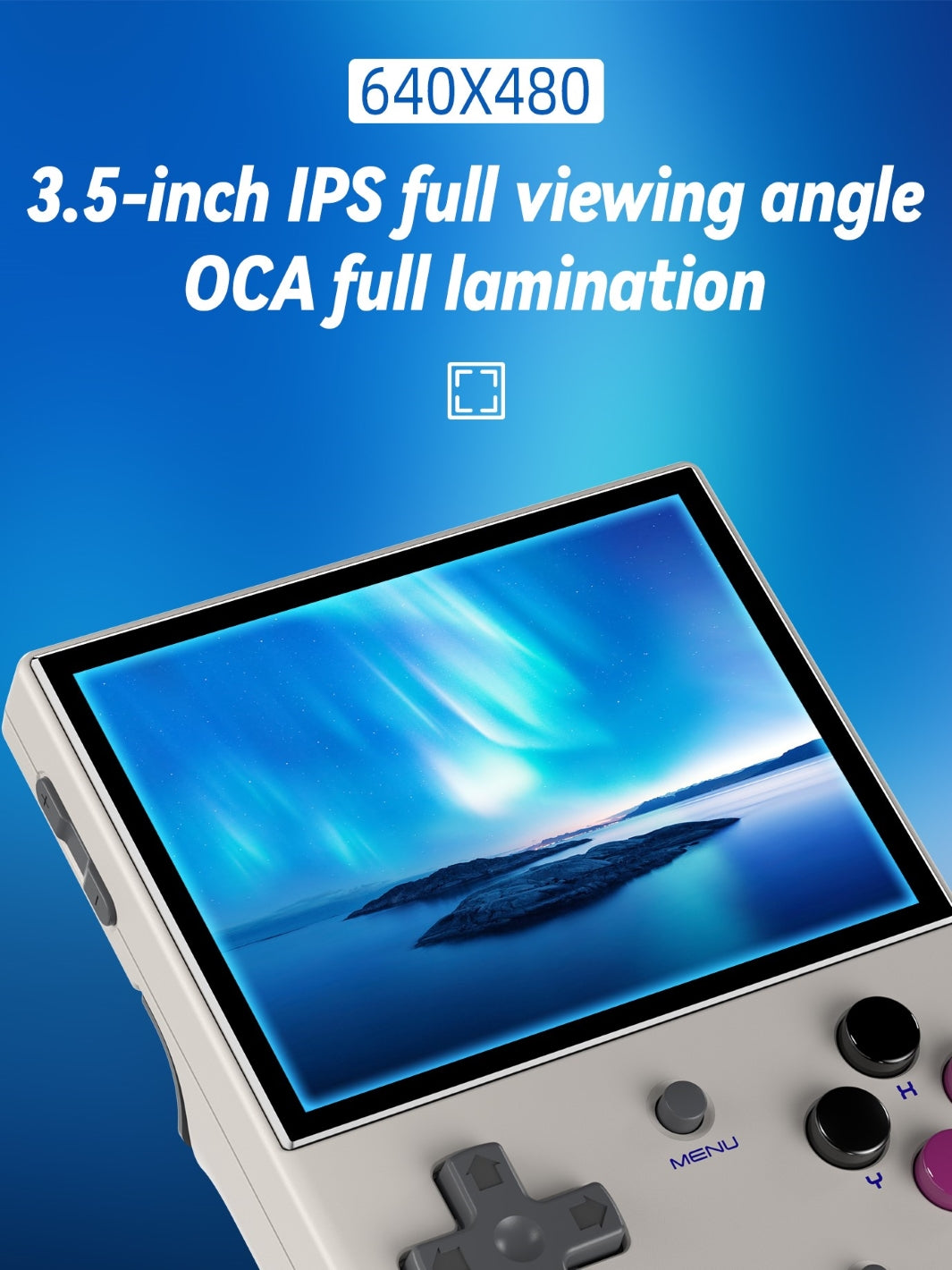 Anbernic RG35XX plus with its 3.5-inch Full viewing angle IPS Display, with an impressive 640*480 resolution.