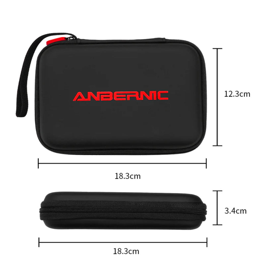 Black carrying case with red 'Anbernic' logo and dimensions on a white background