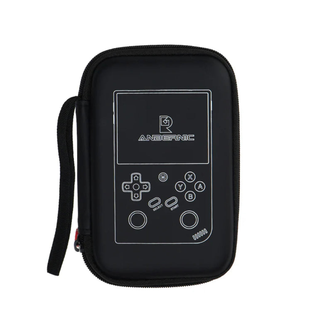 Black carrying case with gaming console design and 'ANBERNIC' branding on a white background