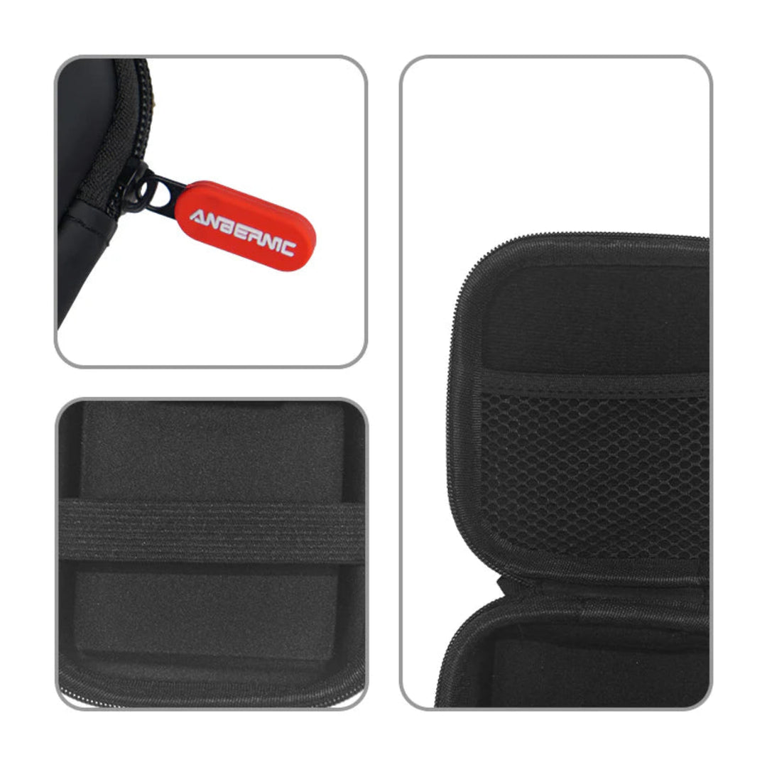 Black carrying case with a textured interior, open to reveal a compartment, on a white background.