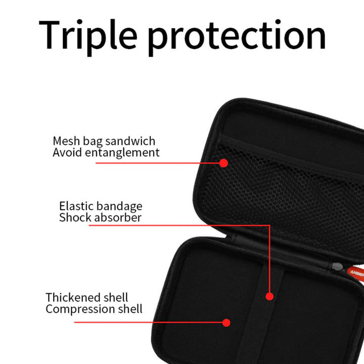 Black protective case with labeled features on a white background