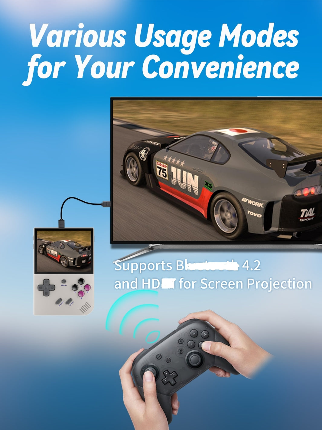 The Anbernic RG35XXPLUS has HDMI capabilities allowing users to connect to their TV and play all their games with a larger screen. Making it a family fun experience.