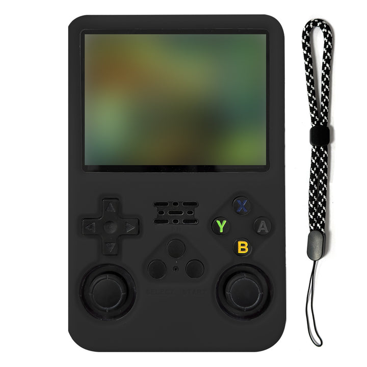Black handheld gaming console with screen and control buttons on a white background