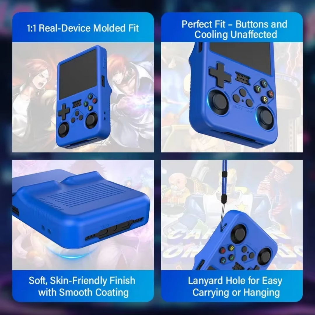 Blue handheld gaming device with features highlighted on a blurred background