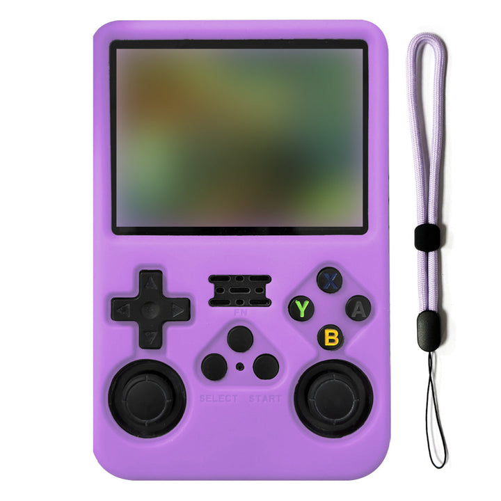 Purple handheld gaming console with screen and control buttons on a white background
