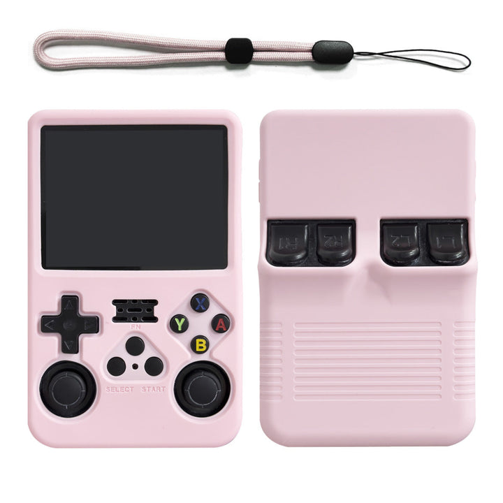 Pink handheld gaming console with screen and control buttons on a white background