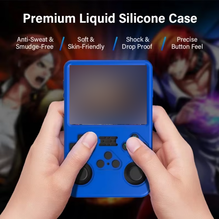 Blue handheld gaming console with silicone case held by hands against a blurred background