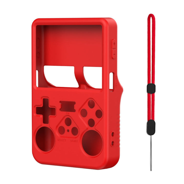 Red silicone case for a handheld device with a strap on a white background