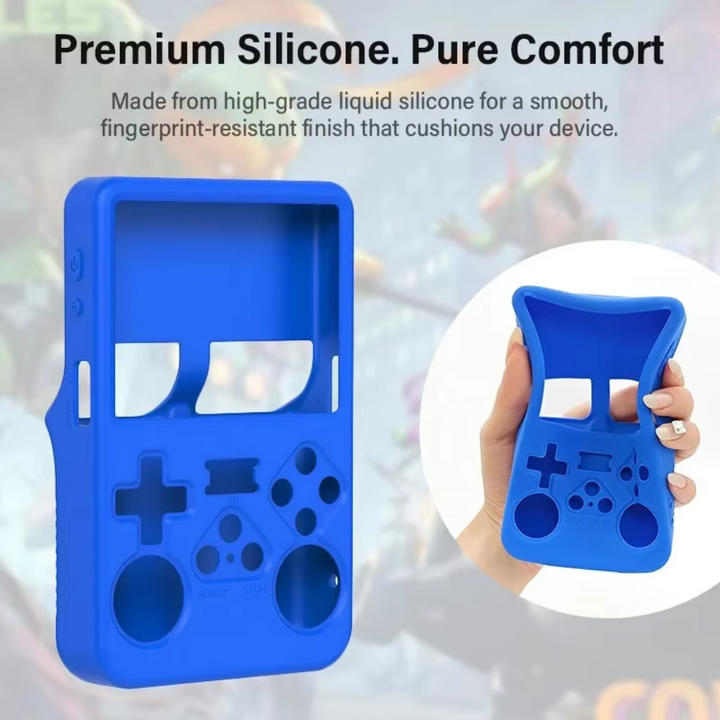 Blue silicone case for a handheld device with 'Premium Silicone. Pure Comfort' text.