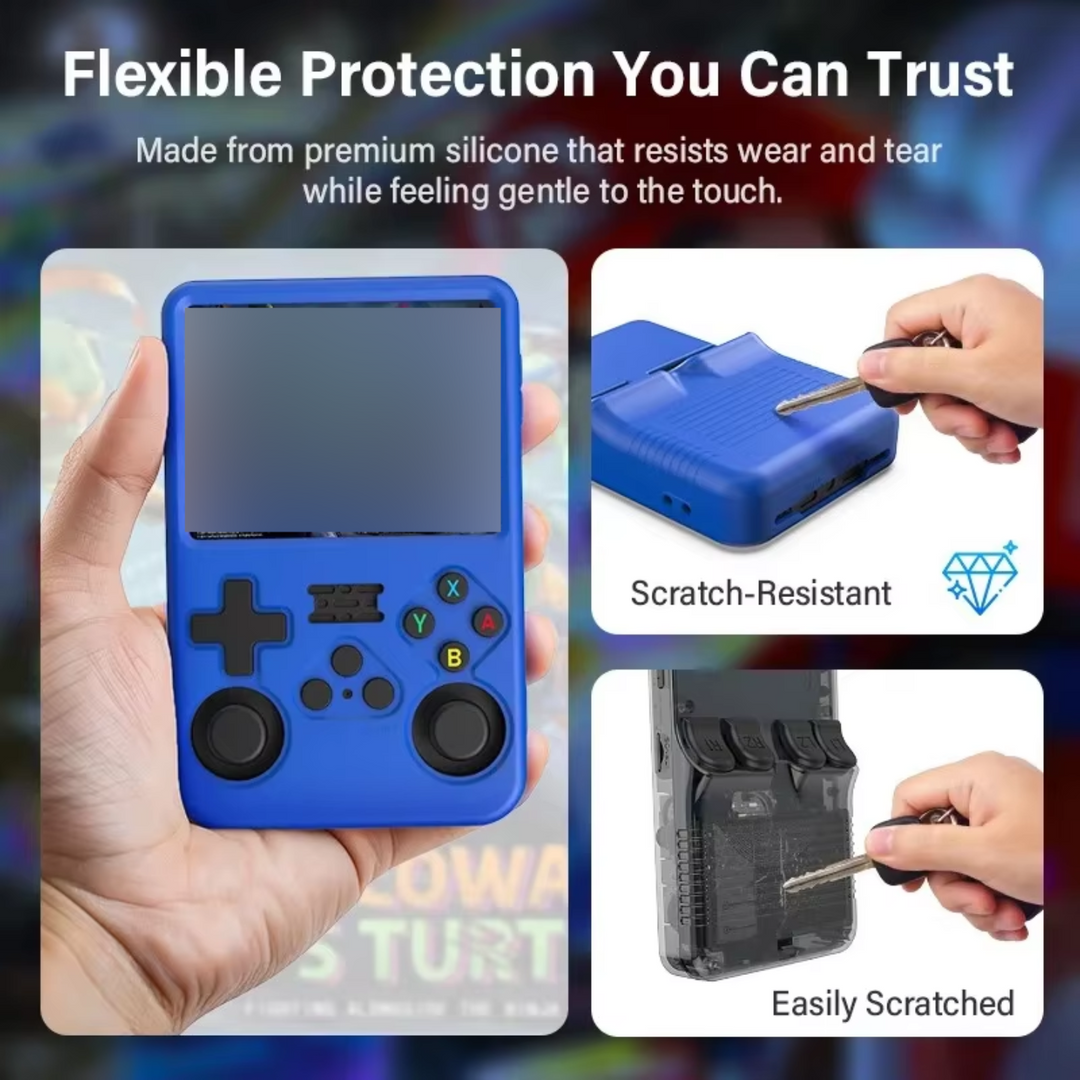 Blue handheld gaming device with protective case, showing flexibility and scratch resistance.