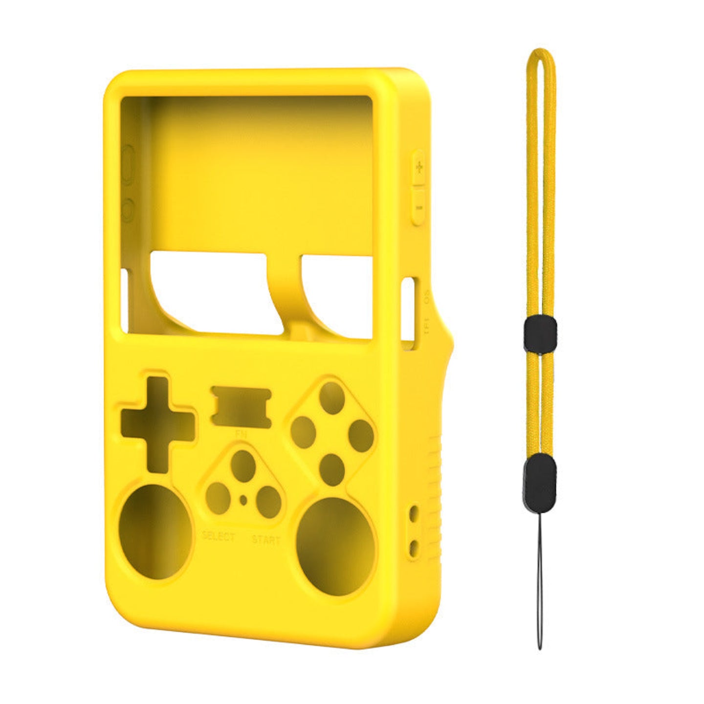 Yellow silicone case with joystick and button designs on a white background