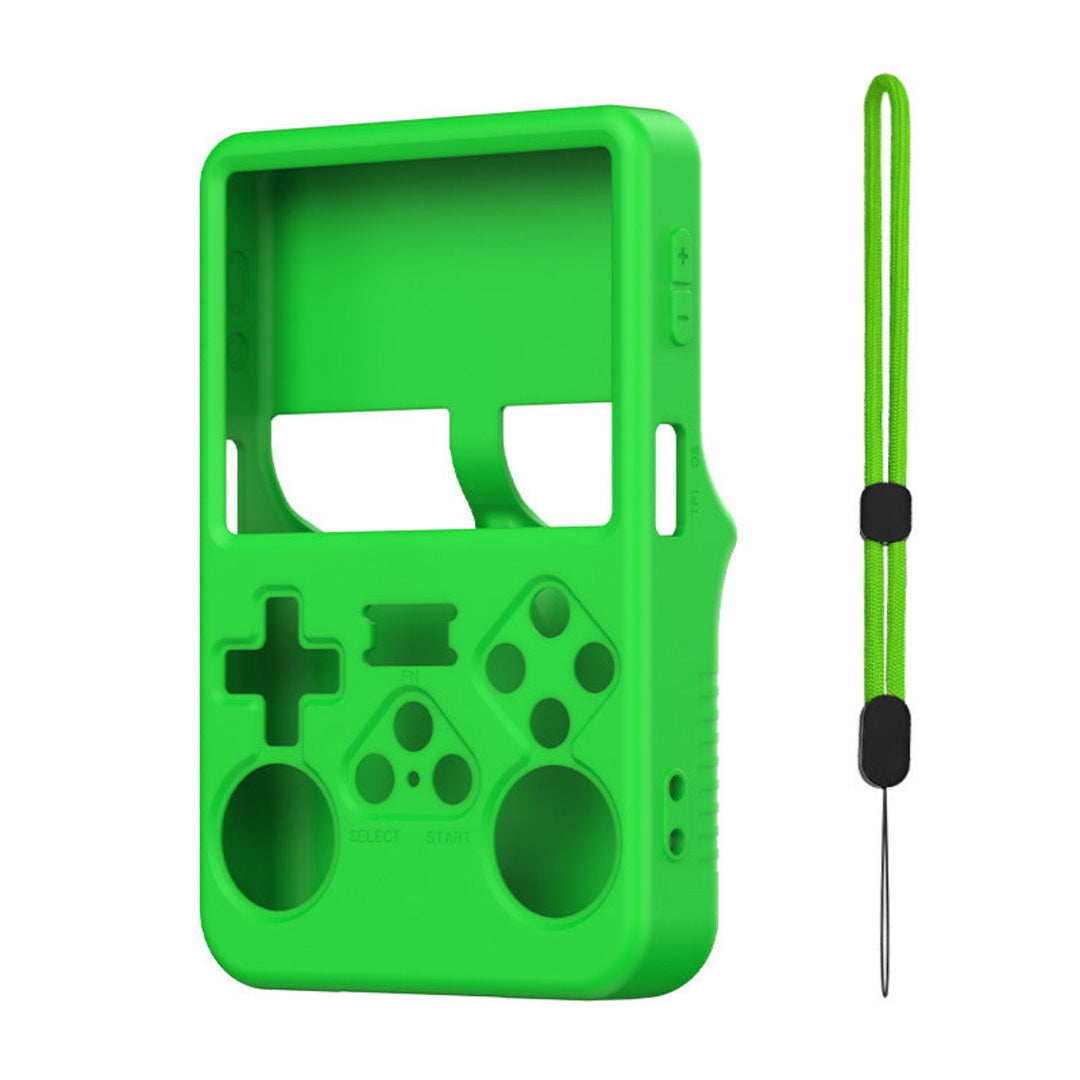 Green silicone case for a gaming device with a strap on a white background