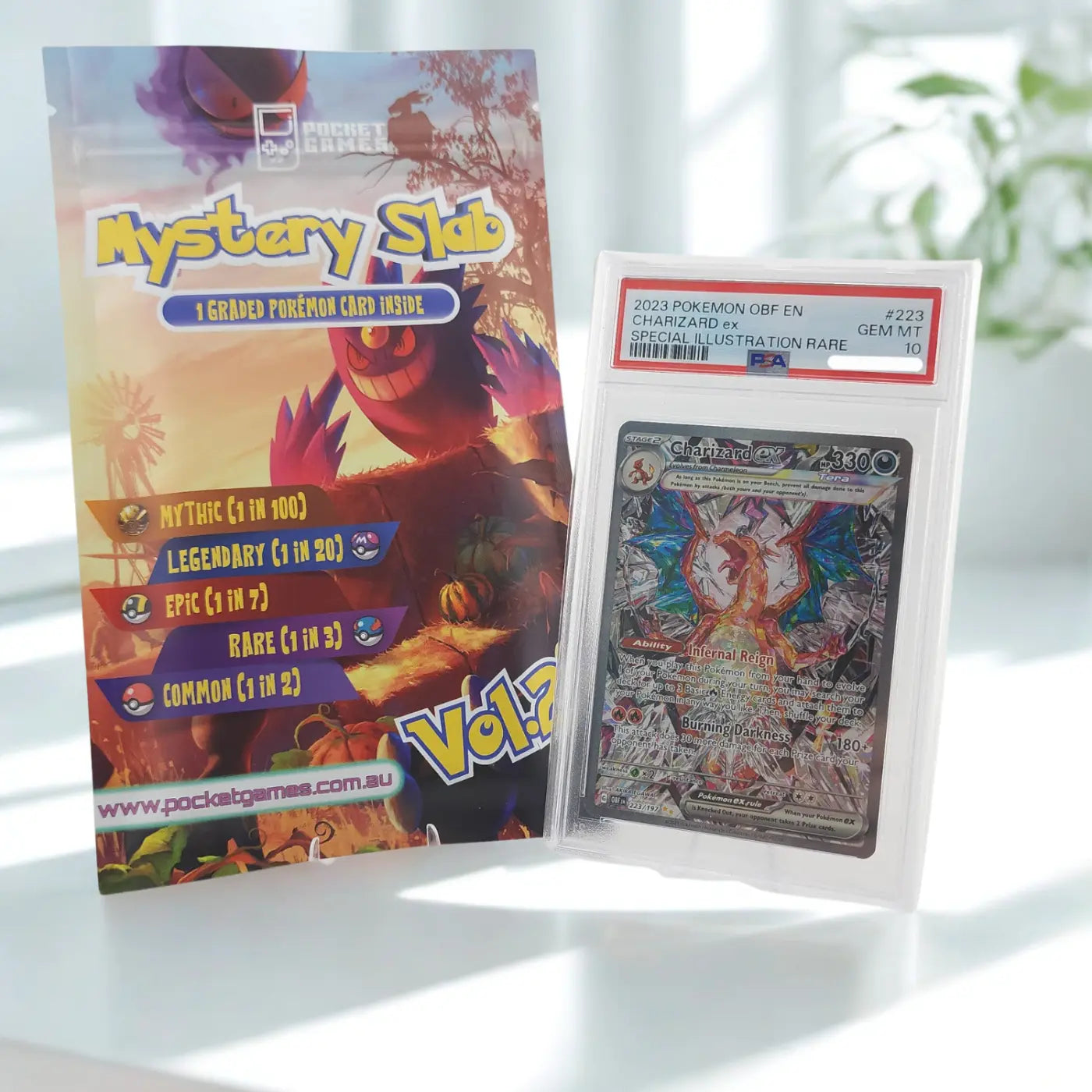 Pokémon trading card in a clear packaging with a colorful Pokémon-themed sleeve.