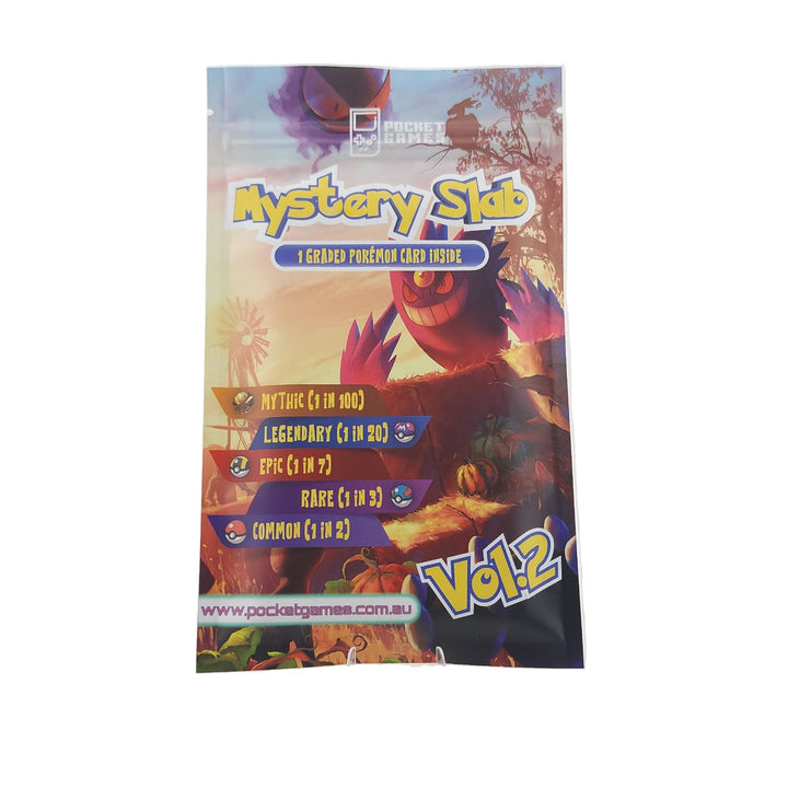 Promotional poster for 'Mystery Slot Vol.2' on a stand against a white background