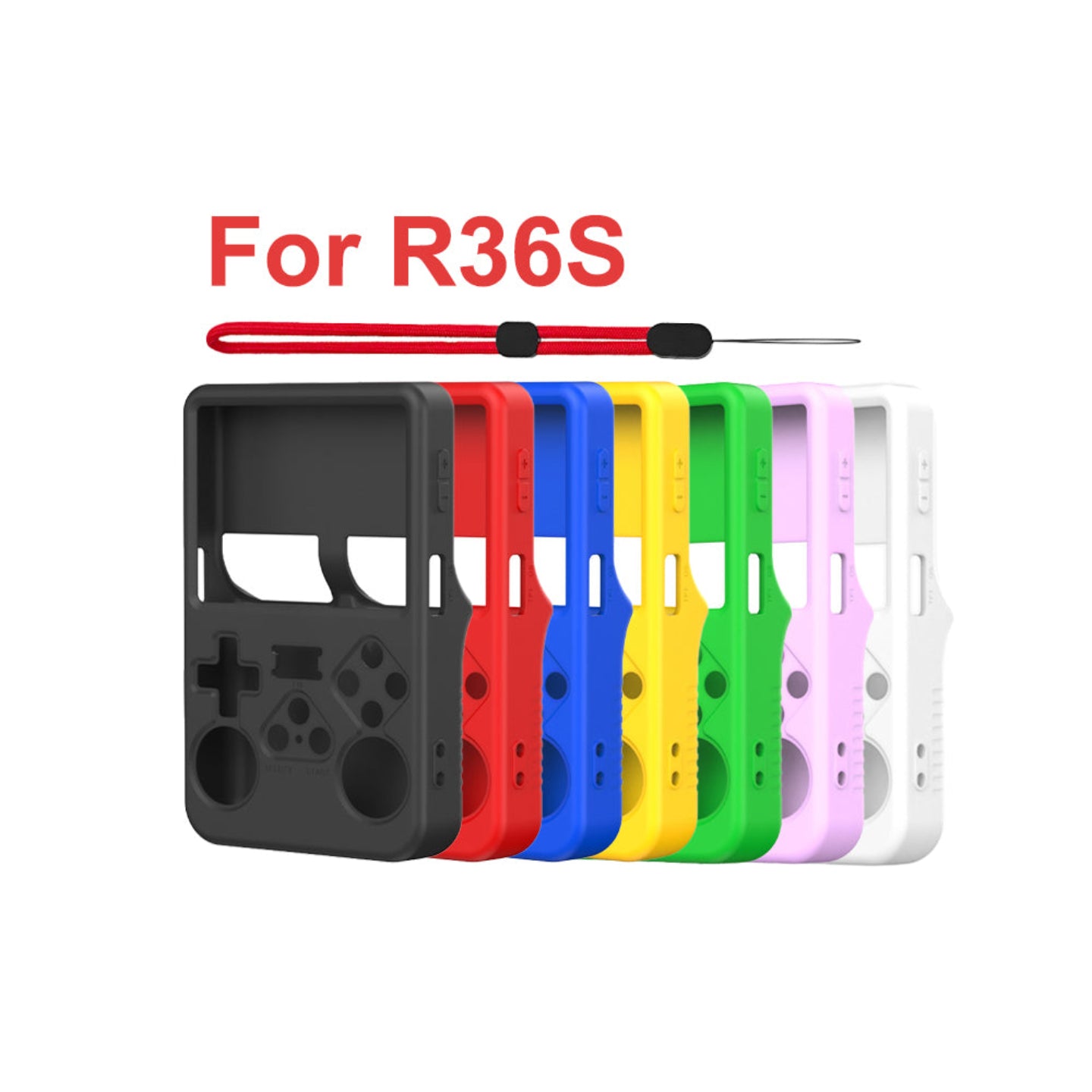 Colorful cases for R36S with a screwdriver on a white background