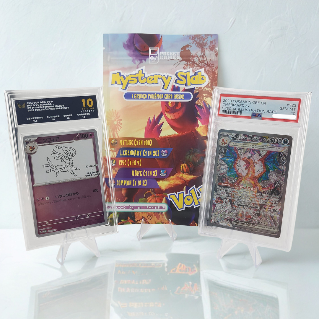 Pokémon trading cards with a 'Mystery Slab' packaging on a white background