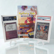 Pokémon trading cards with a 'Mystery Slab' packaging on a white background