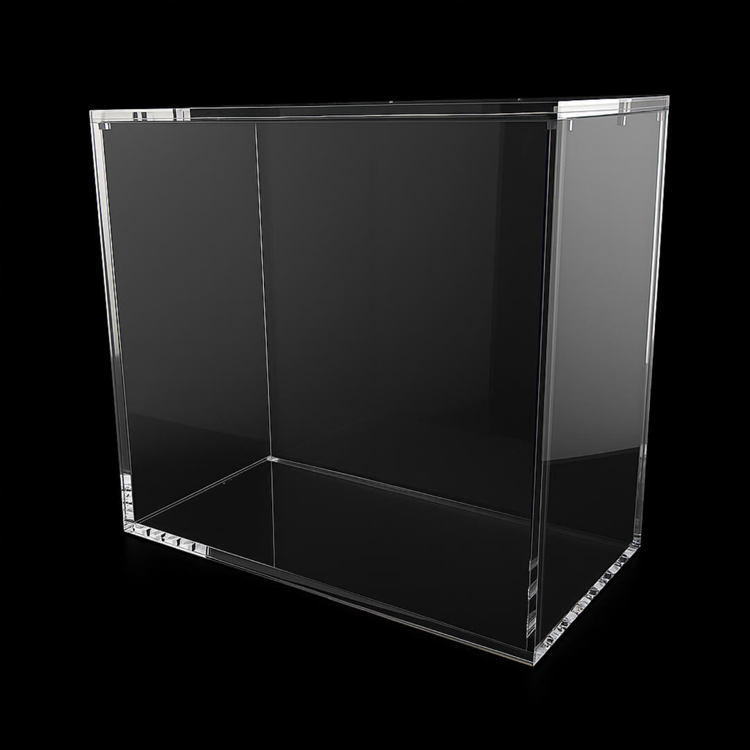 Clear acrylic display case on a black background