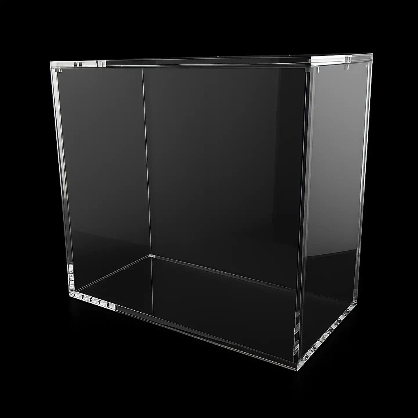 Clear acrylic display case on a black background