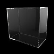 Clear acrylic display case on a black background