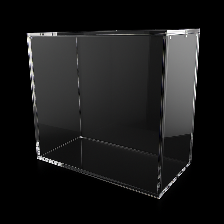Clear acrylic display case on a black background
