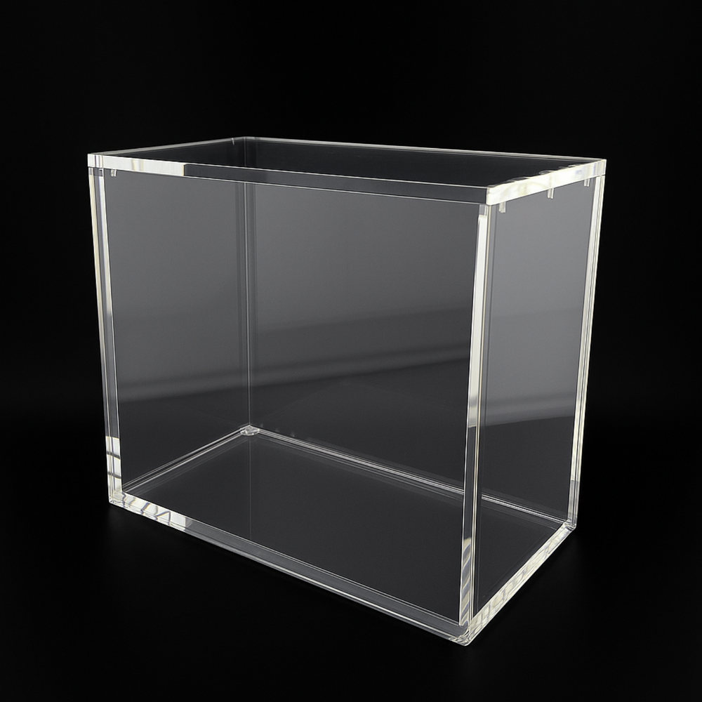 Clear acrylic cube on a black background