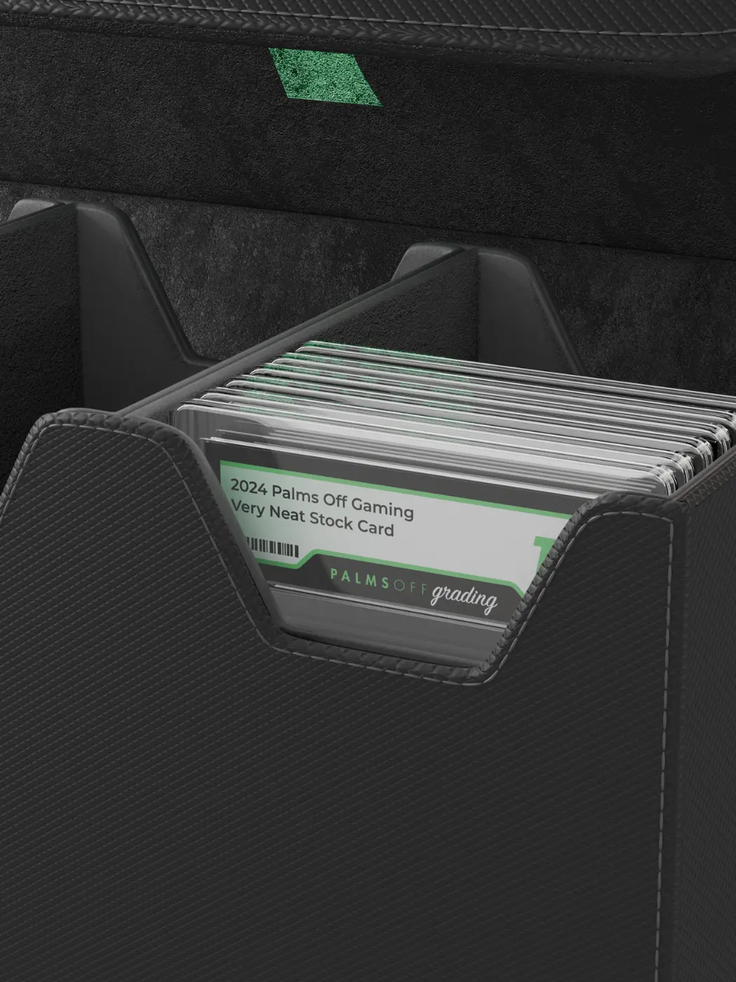 Collector's Series Graded Card Storage Case - Large Black card holder with a stack of cards inside, featuring 'Palms Off Gaming' branding.