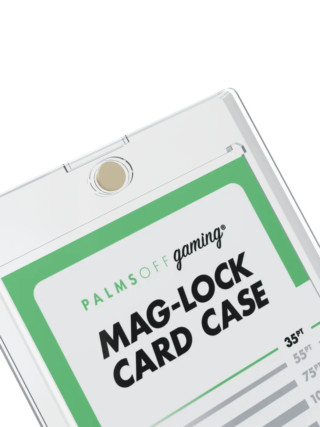 Mag-lock card case with 'Palms Off Gaming' branding on a white background