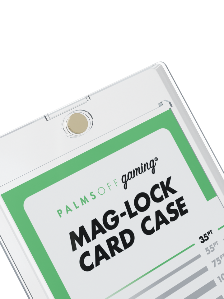 Mag-lock card case with 'Palms Off Gaming' branding on a white background