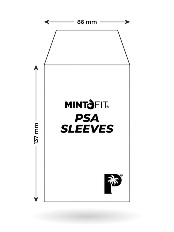 MintFit PSA Graded Card Sleeves - Regular 100pc Mint Fit PSA Sleeves packaging with dimensions on a white background