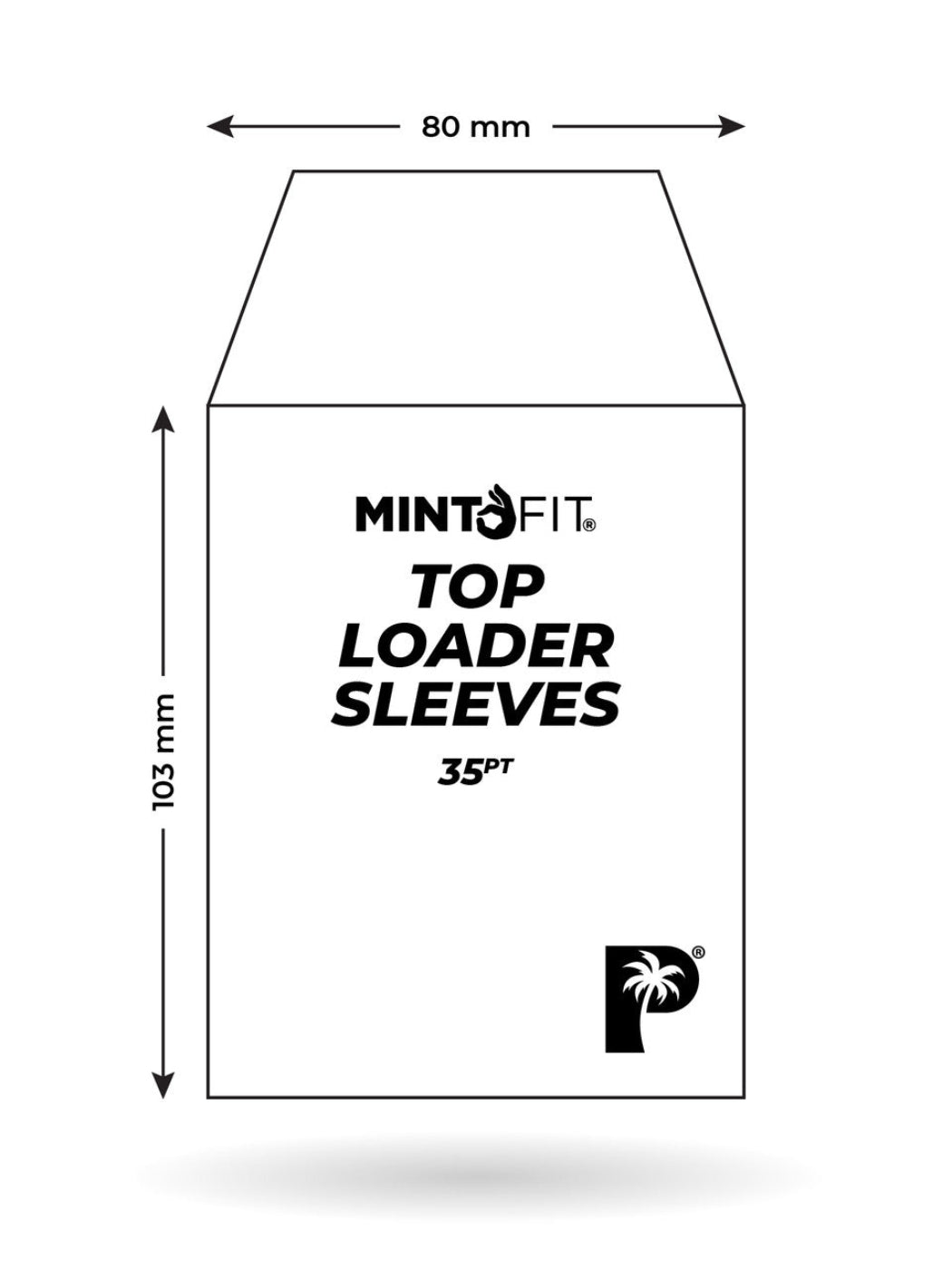 Palms Off Gaming – MintFit Top Loader Sleeves (35pt, 100 Pack) packaging with dimensions and brand logo.