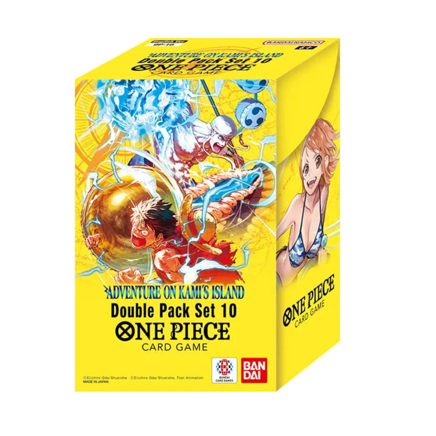 One Piece card game double pack set box with colorful artwork on a yellow background