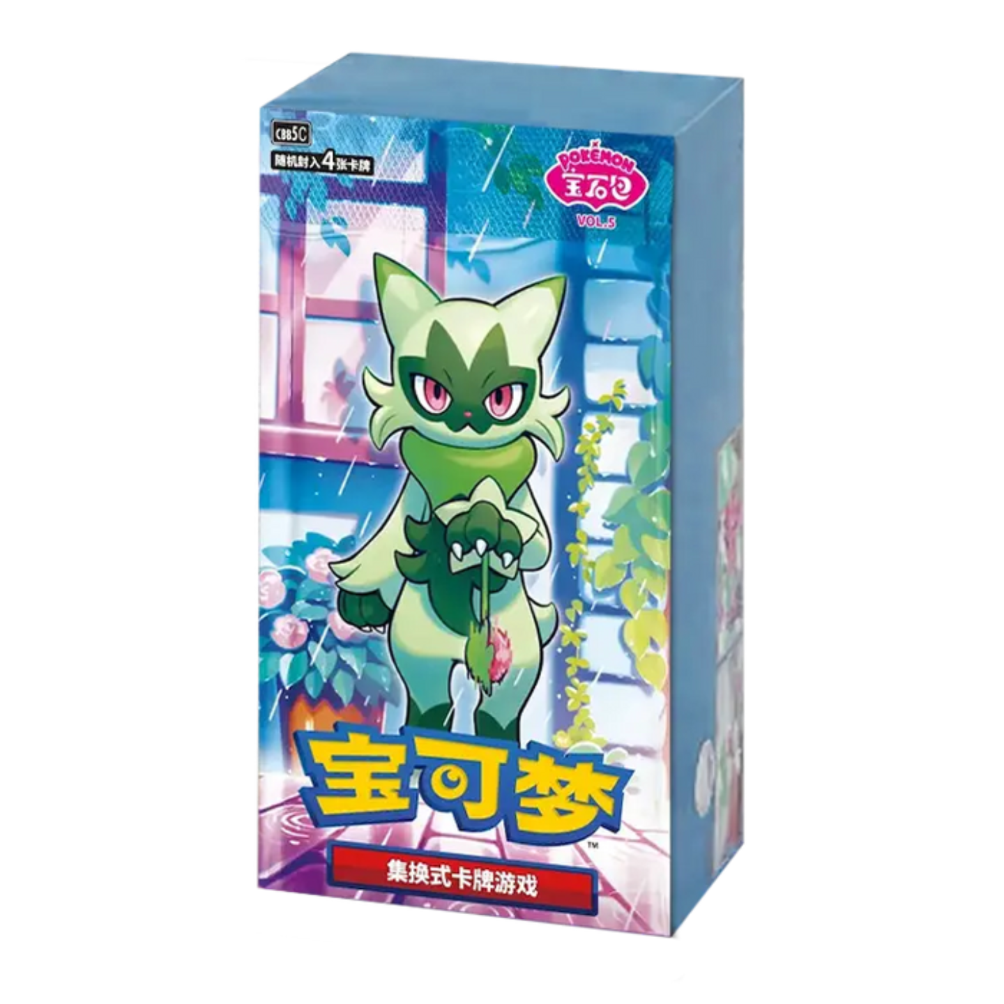 Pokémon trading card game box with a green character on a white background