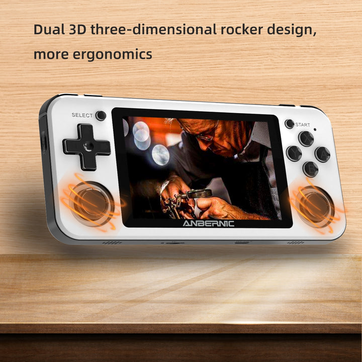 Anbernic RG351P in white showing dual 3D rocker design and ergonomics