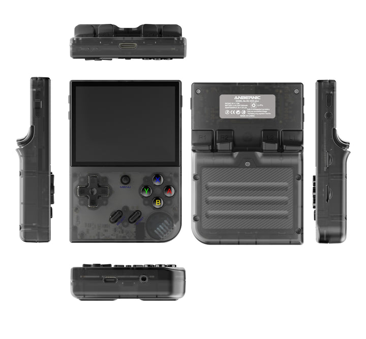 Anbernic RG35XXPLUS in Transparent black showing all sides and buttons.
