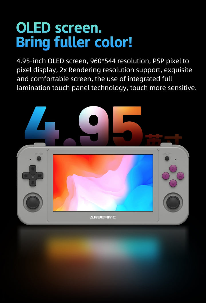 Anbernic RG505 has a large 4.95-inch OLED touch screen with a 960*544 resolution. 2x Rendering resolution support for an exquisite and comfortable screen.