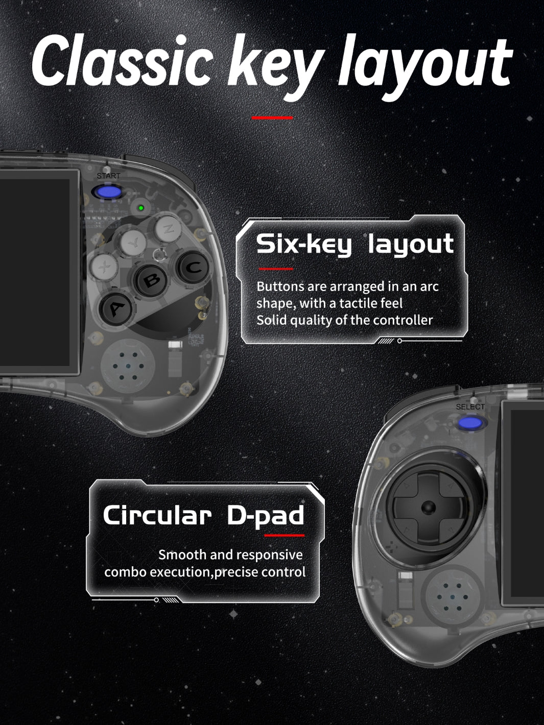 Anbernic RG ARC-S classic key layout: 6 button layout on the right and circular D-pad on the left