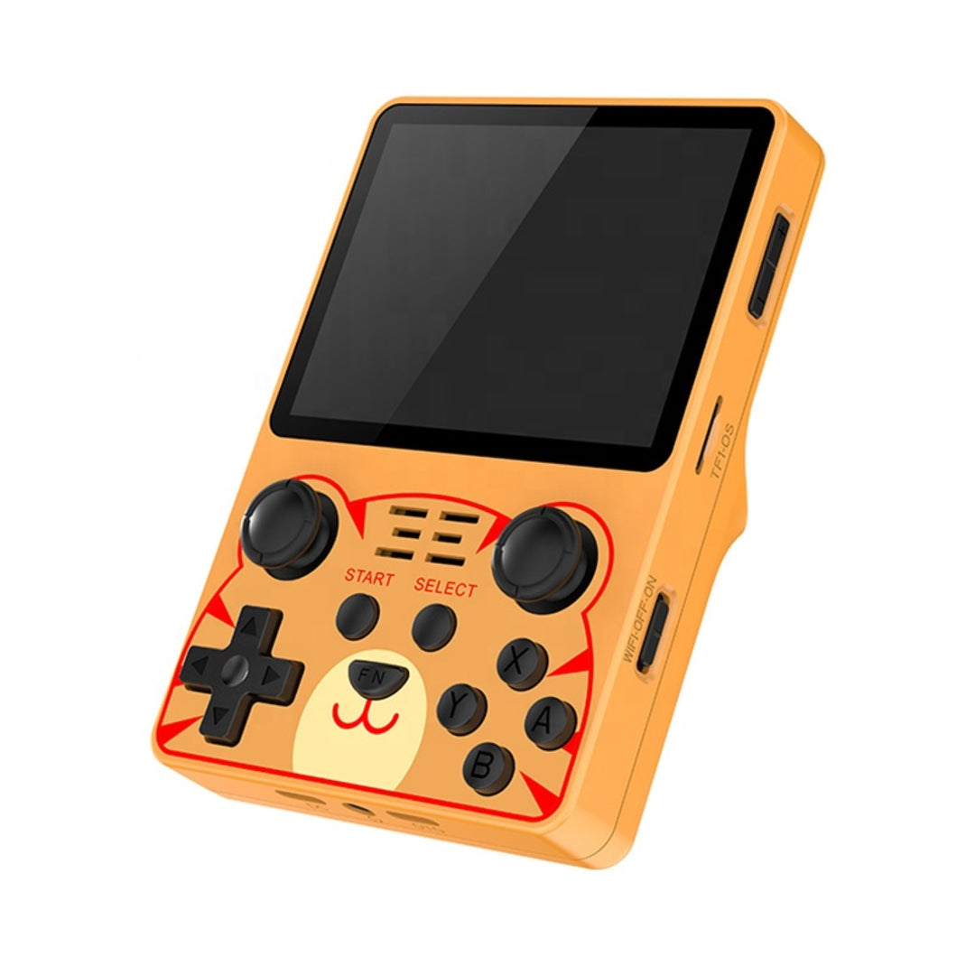 The Powkiddy RGB20S in orange with the tiger sticker placed on the front