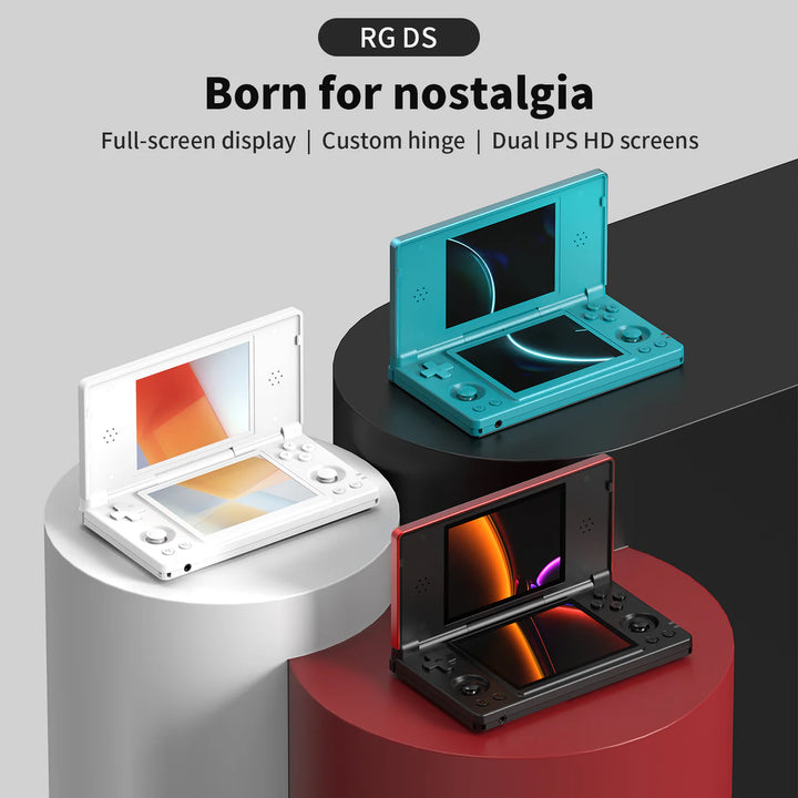 Three handheld gaming devices on cylindrical stands with text highlighting features.