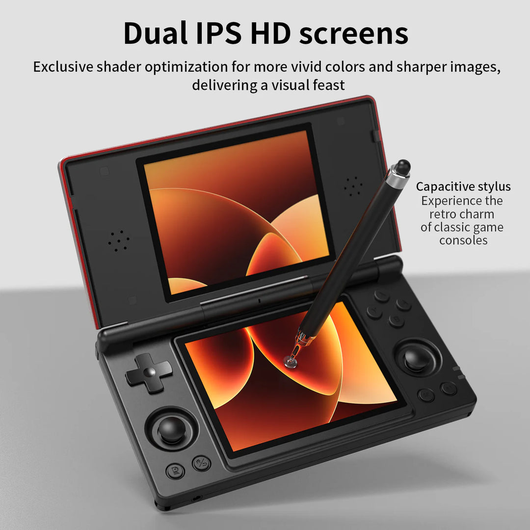 Gaming console with dual IPS HD screens and stylus on a light gray background